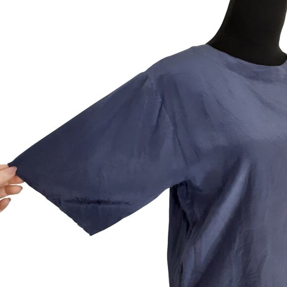 Vintage 80s 100% Silk Blouse Navy Blue Short Sleeve Womens S Minimalist Luxury - Picture 2 of 8